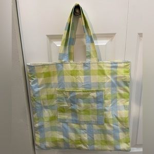 Bold Plaid Slim, Large Summer Tote Bag, Farmers Market Sack, Cotton, Lined